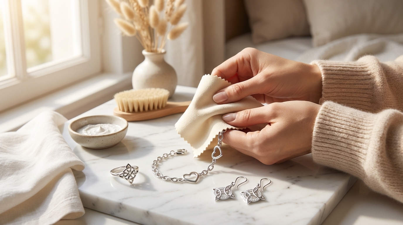 Joyería de plata .925 siendo limpiada con paño suave — anillos, pulseras y aretes Joyaris