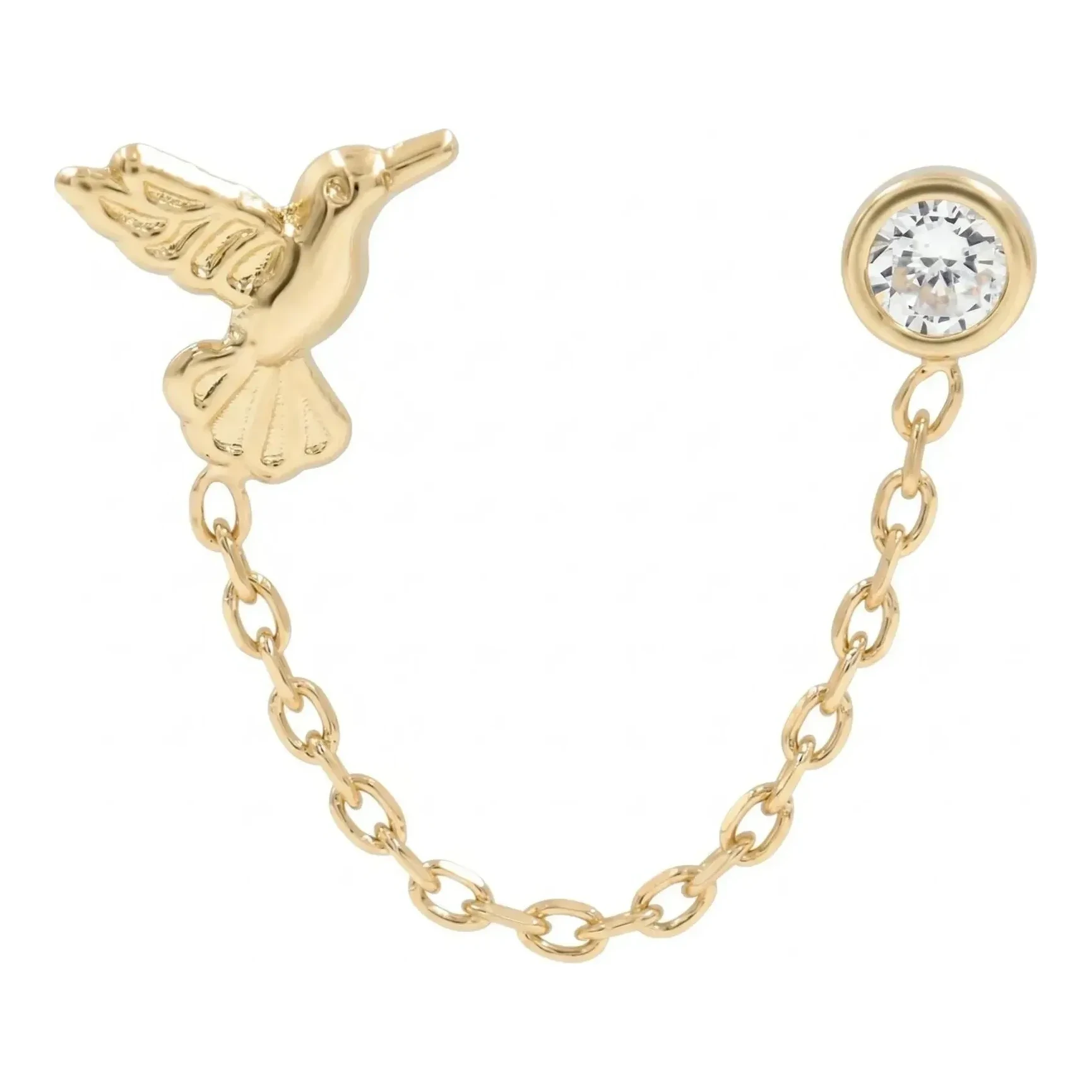 Broqueles de colibrí en oro 10k con cadena y zirconia blanca en bisel Joyaris joyería fina mexicana