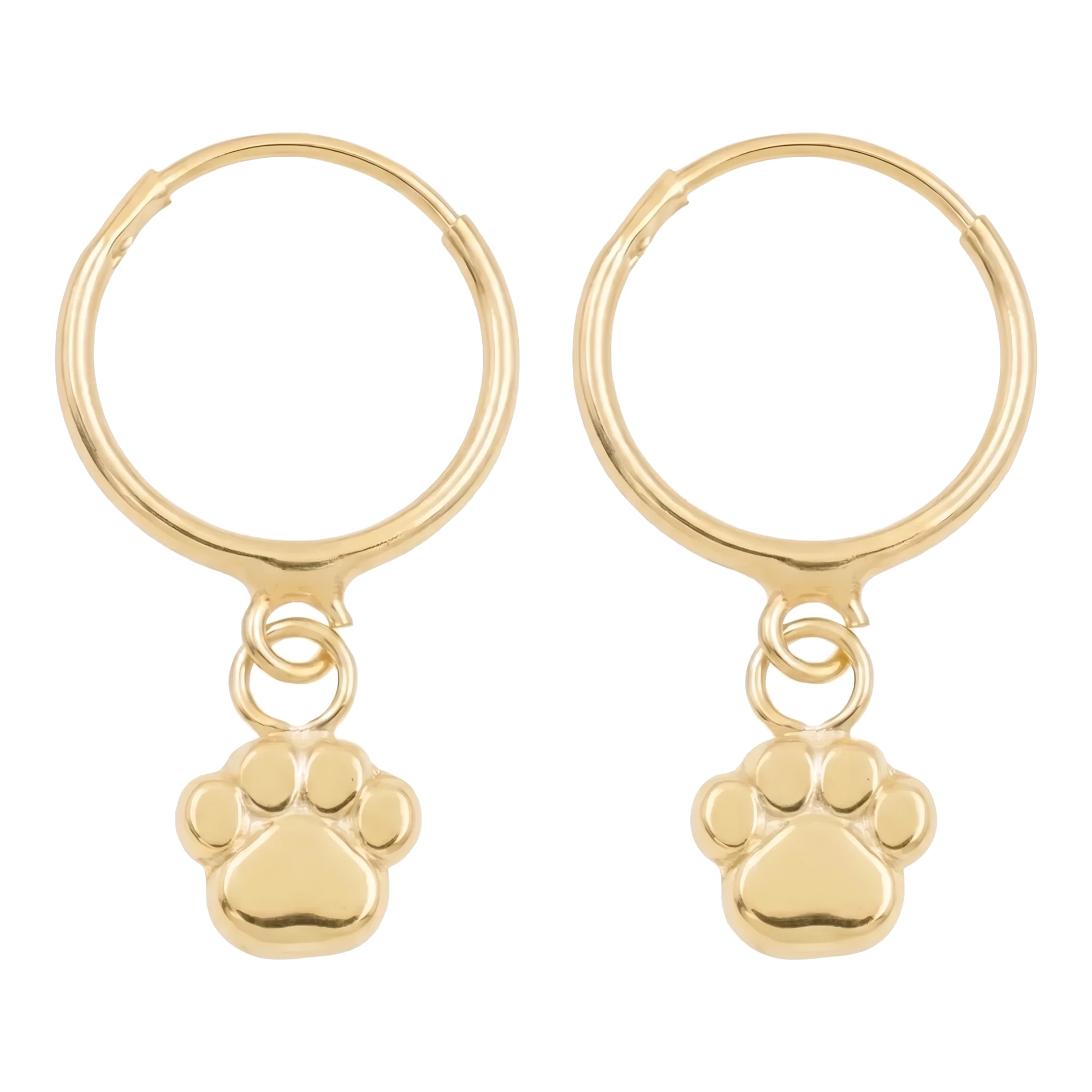 Arracadas de oro amarillo 10k con dije colgante de huella de perrito de 10 mm - Joyaris joyería mexicana