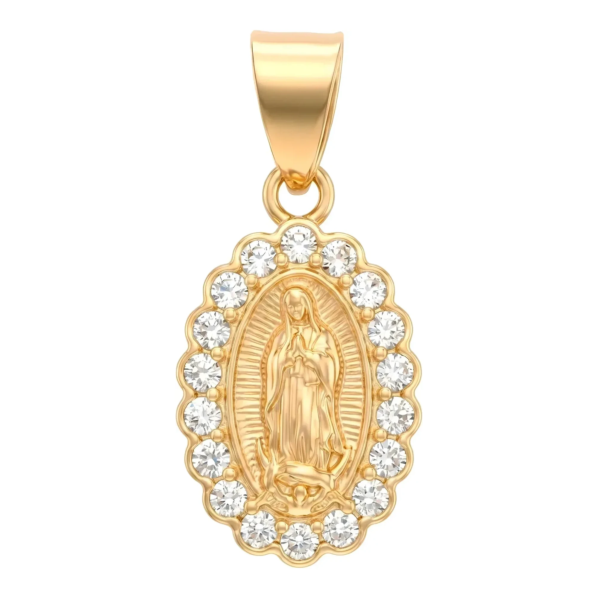 Dije Virgen de Guadalupe de Oro 10k amarillo con contorno de zirconia de 17x6 mm - Joyaris joyería mexicana