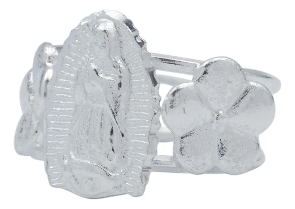 Anillo de plata .925 Virgen de Guadalupe flores ajustable — Joyaris