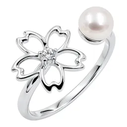 Anillo de Plata .925 Flor Sakura con Perla Ajustable Talla 7 a 9 - Imagen 2