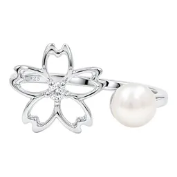 Anillo de Plata .925 Flor Sakura con Perla Ajustable Talla 7 a 9 - Imagen 3