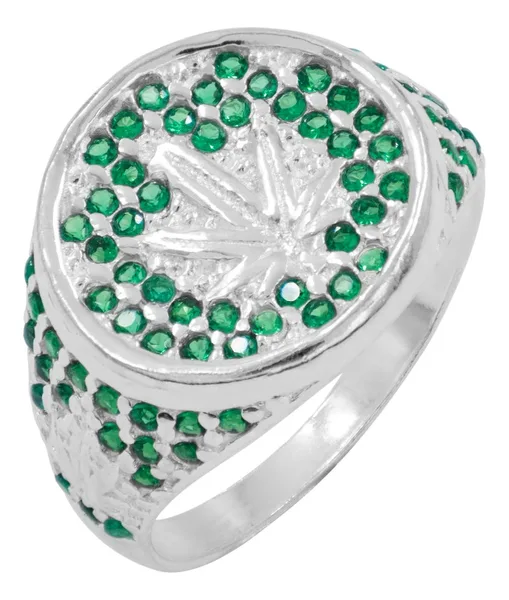 Anillo de plata .925 verde zirconia hoja de cannabis — Joyaris