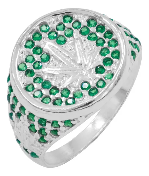 Anillo de plata .925 verde zirconia hoja de cannabis tematica — Joyaris