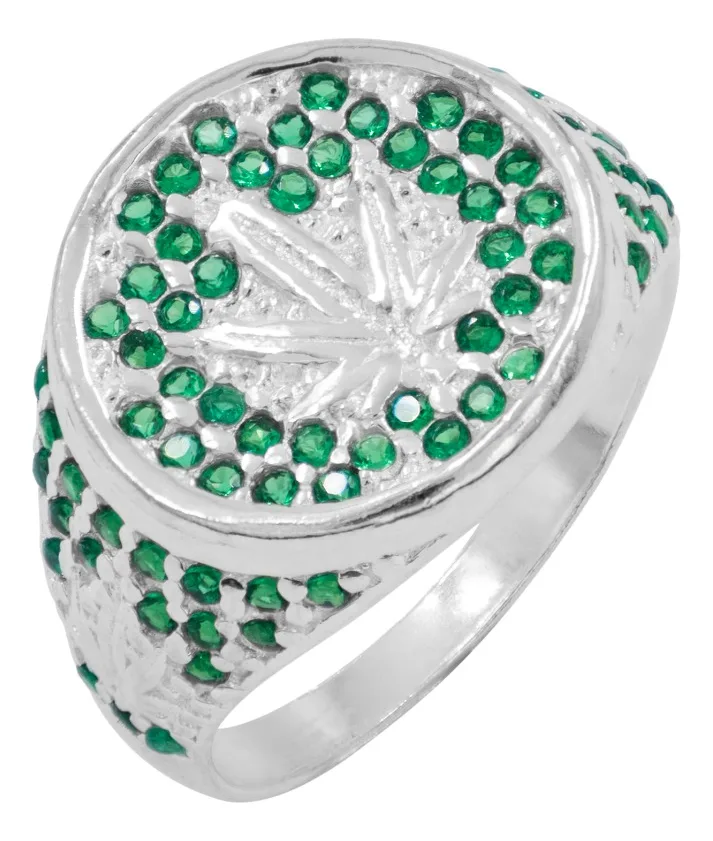 Anillo Plata .925 Hoja Cannabis, pieza chunky con zirconias verdes. Joyería artesanal de diseño orgánico, estilo maximalista.
