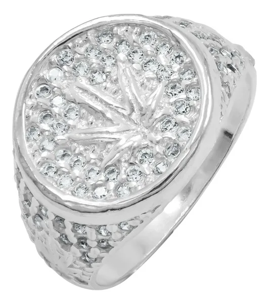 Anillo de plata .925 con zirconias verdes diseno hoja de cannabis para hombre talla 8.5 — Joyaris
