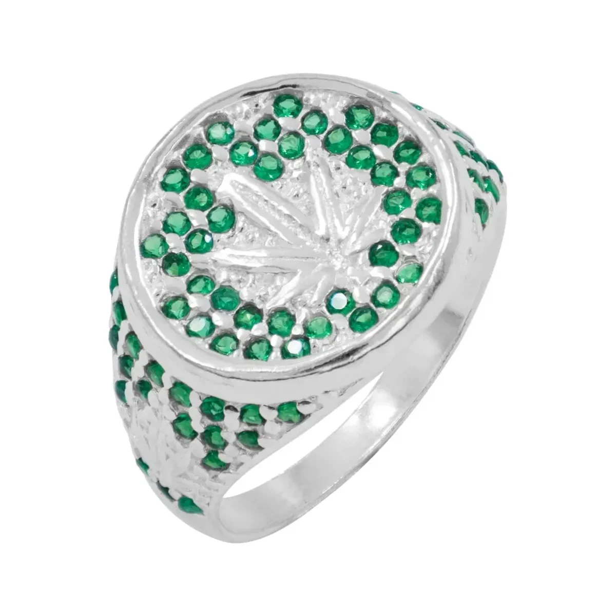 Anillo Plata .925 Hoja Cánnabis con Zirconias Verdes, diseño orgánico moderno, joyería mexicana artesanal pulida, talla 8.5.