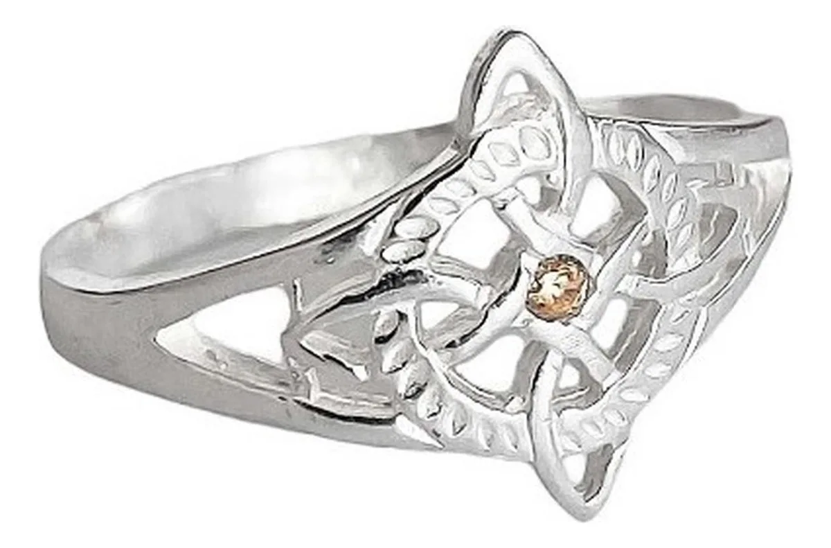 Anillo Nudo de Bruja de plata 925 con zirconia naranja, joyería artesanal Joyaris México