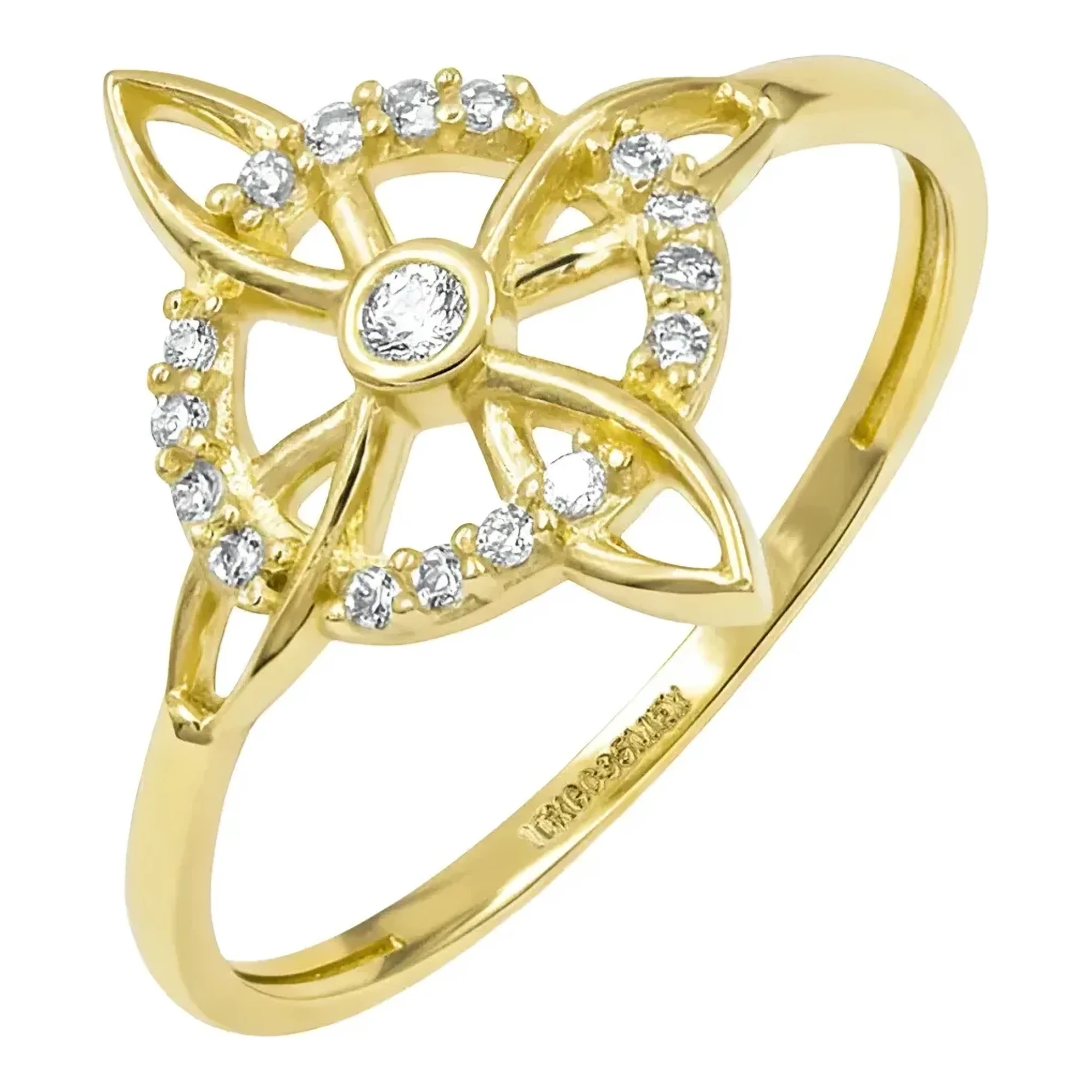 Anillo nudo de bruja oro 10k amarillo con zirconia central transparente acabado vaciado talla fija 8.5 amuleto esotérico