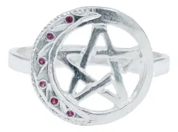 Anillo Plata 925 Pentagrama Luna Diamantado Zirconia Fucsia - Imagen 1