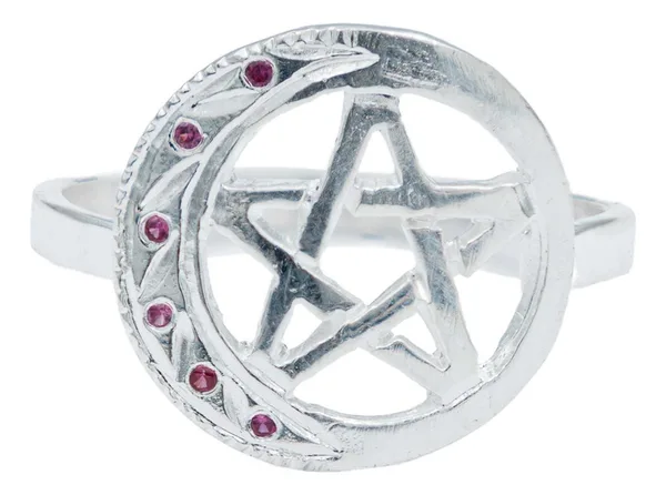 Anillo de plata .925 fucsia zirconia pentagrama luna — Joyaris
