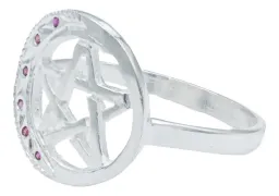 Anillo Plata 925 Pentagrama Luna Diamantado Zirconia Fucsia - Imagen 2