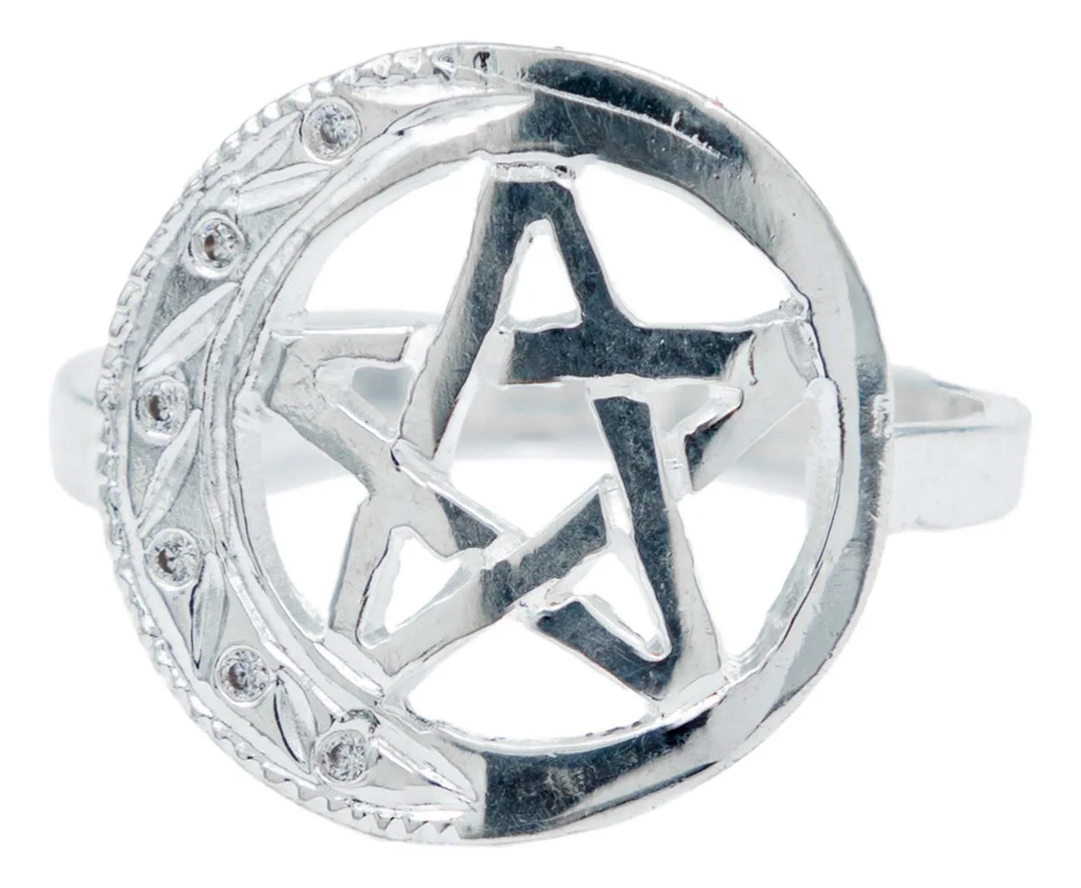 Anillo Plata 925 Pentagrama Luna Diamantado con Zirconia brillante. Joyería simbólica con significado espiritual, ideal como 