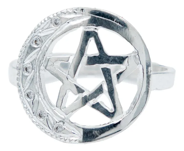Anillo de plata .925 blanco zirconia diseno diamantado pentagrama luna — Joyaris