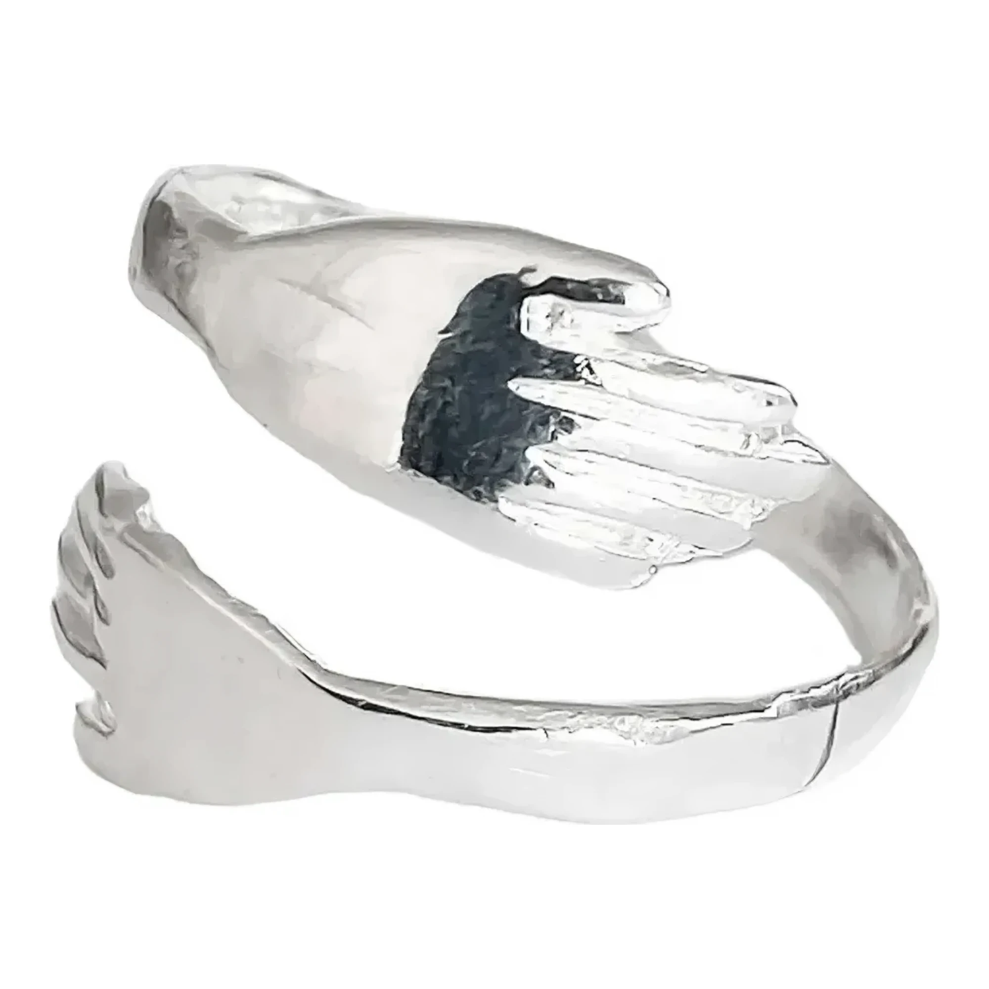Anillo de manos abrazando en plata .925 pura nacional, diseño de abrazo abierto ajustable con acabado liso brillante para