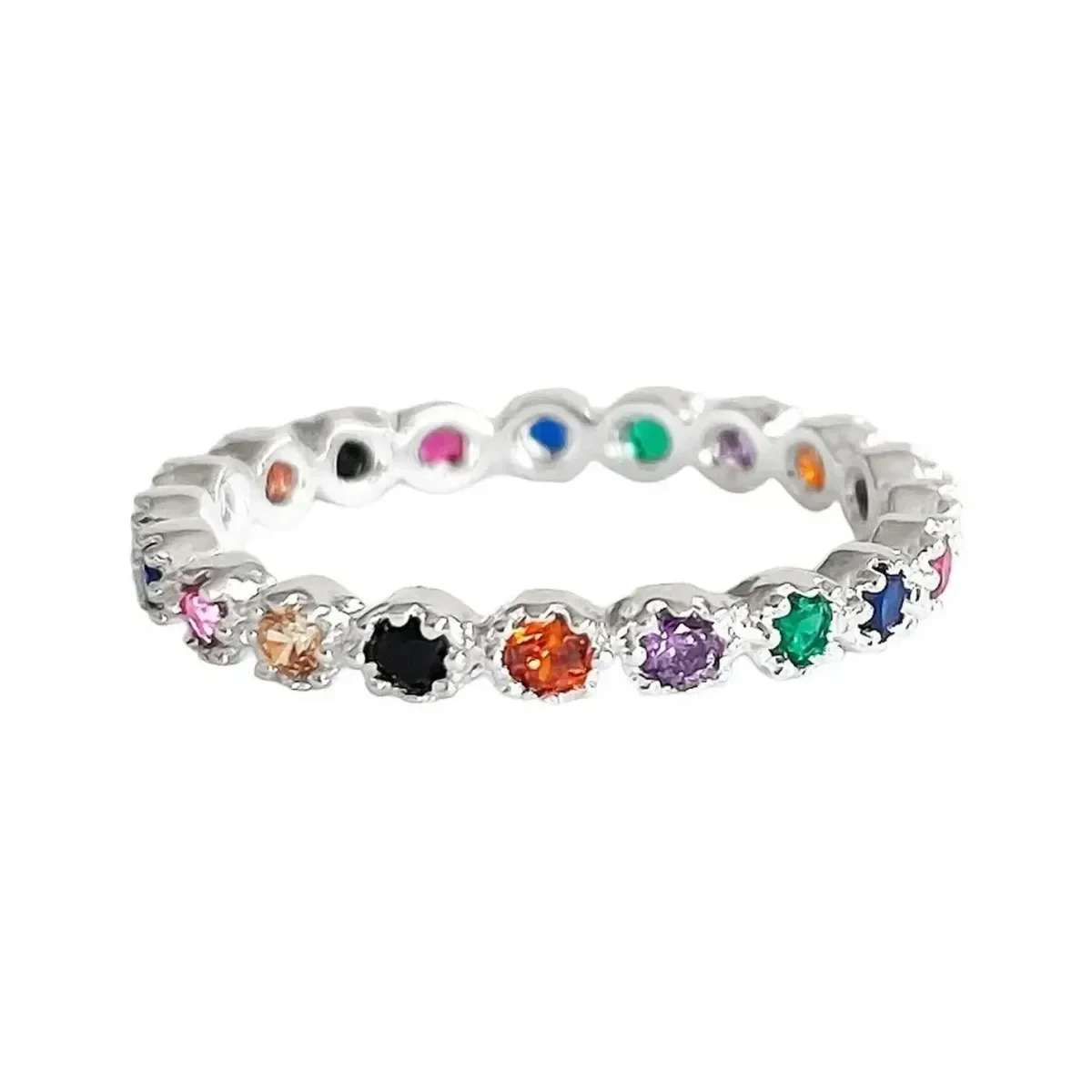 Anillo churumbela completa Plata .925 con zirconias multicolor, diseño eternity brillante. Joyería de autor mexicana.