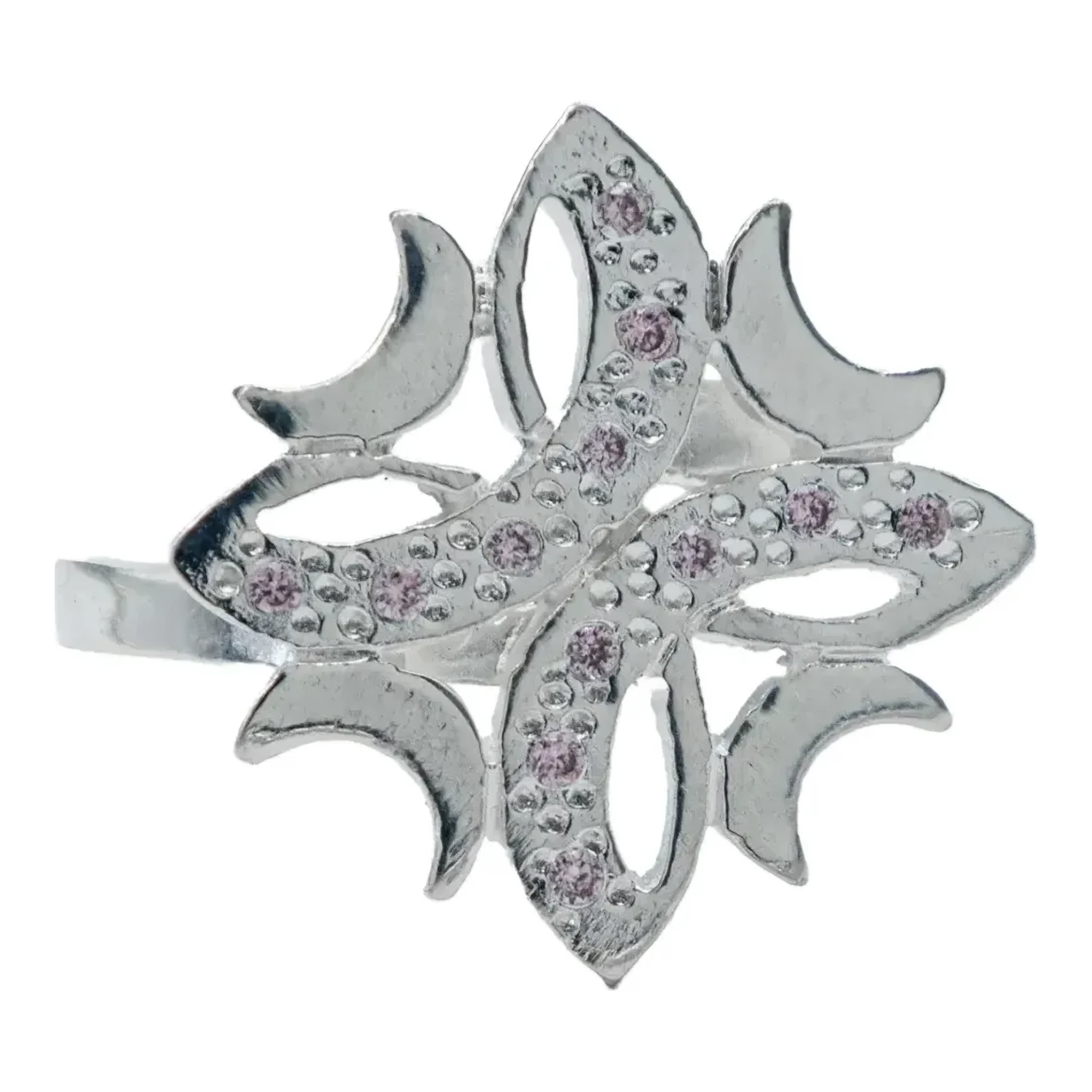 Anillo de flor plata 925 con zirconia rosa para mujer acabado liso silueta floral cuatro lunas joyería fina mexicana talla