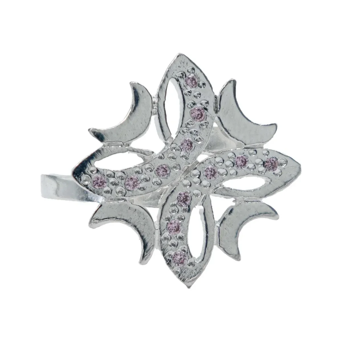 Anillo Plata .925 Flor Cuatro Lunas Zirconia Rosa para mujer, joya artesanal mexicana con diseño floral y piedra rosa.