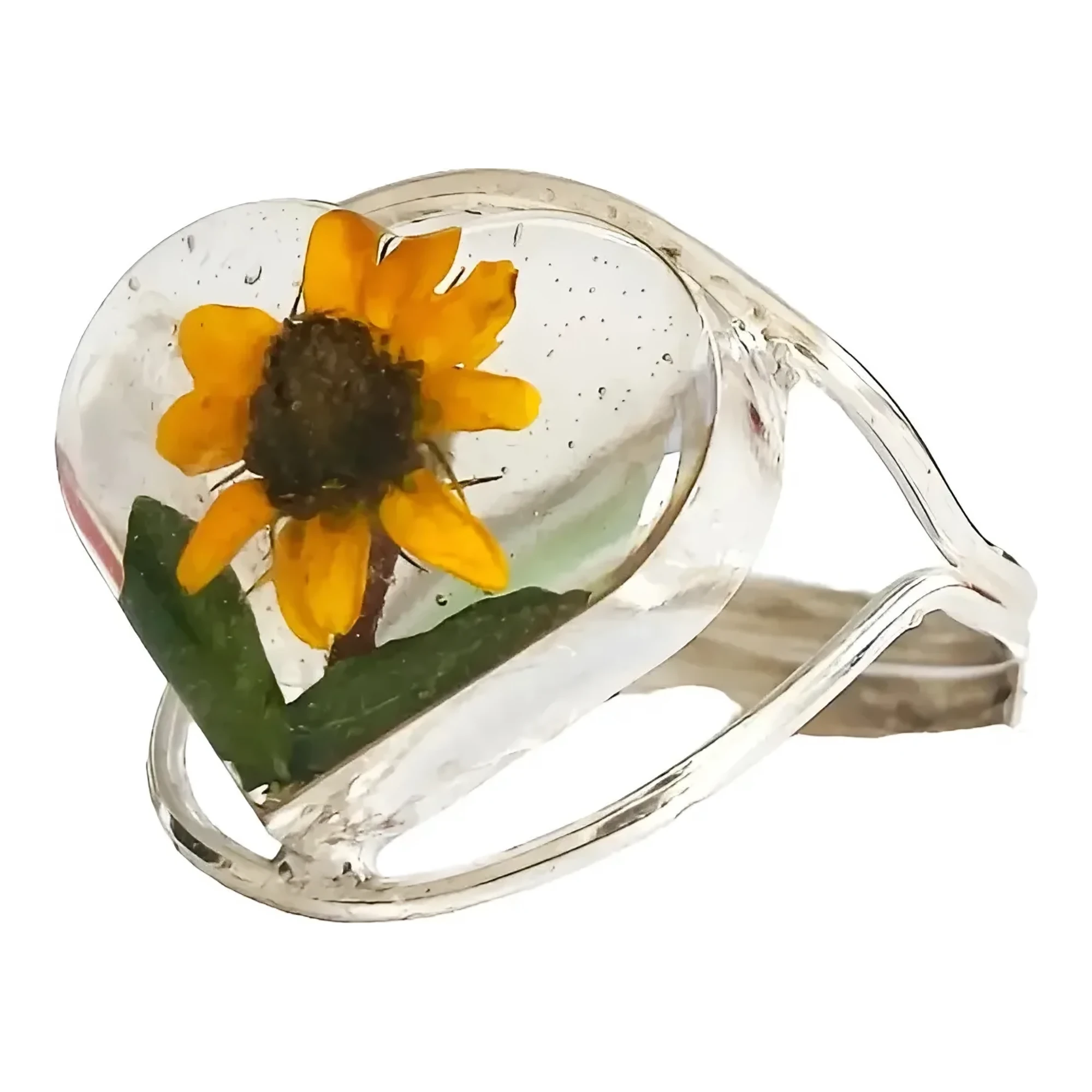Anillo girasol corazón en plata ley .925 nacional acabado liso diseño floral abierto ajustable para mujer joyería mexicana