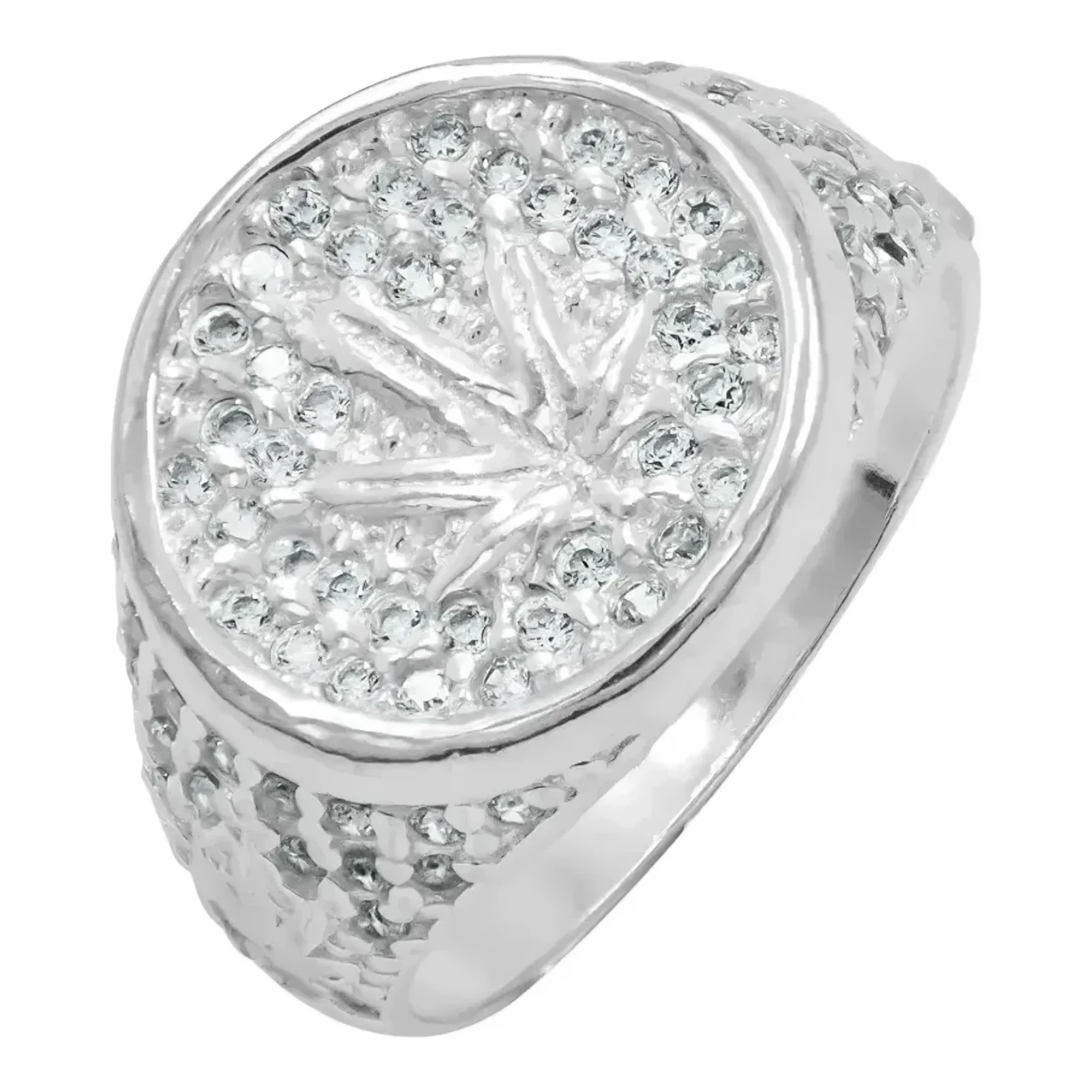 Anillo de marihuana plata .925 liso con dije hoja de cannabis y zirconia verde brillante estilo taxco para hombre y mujer