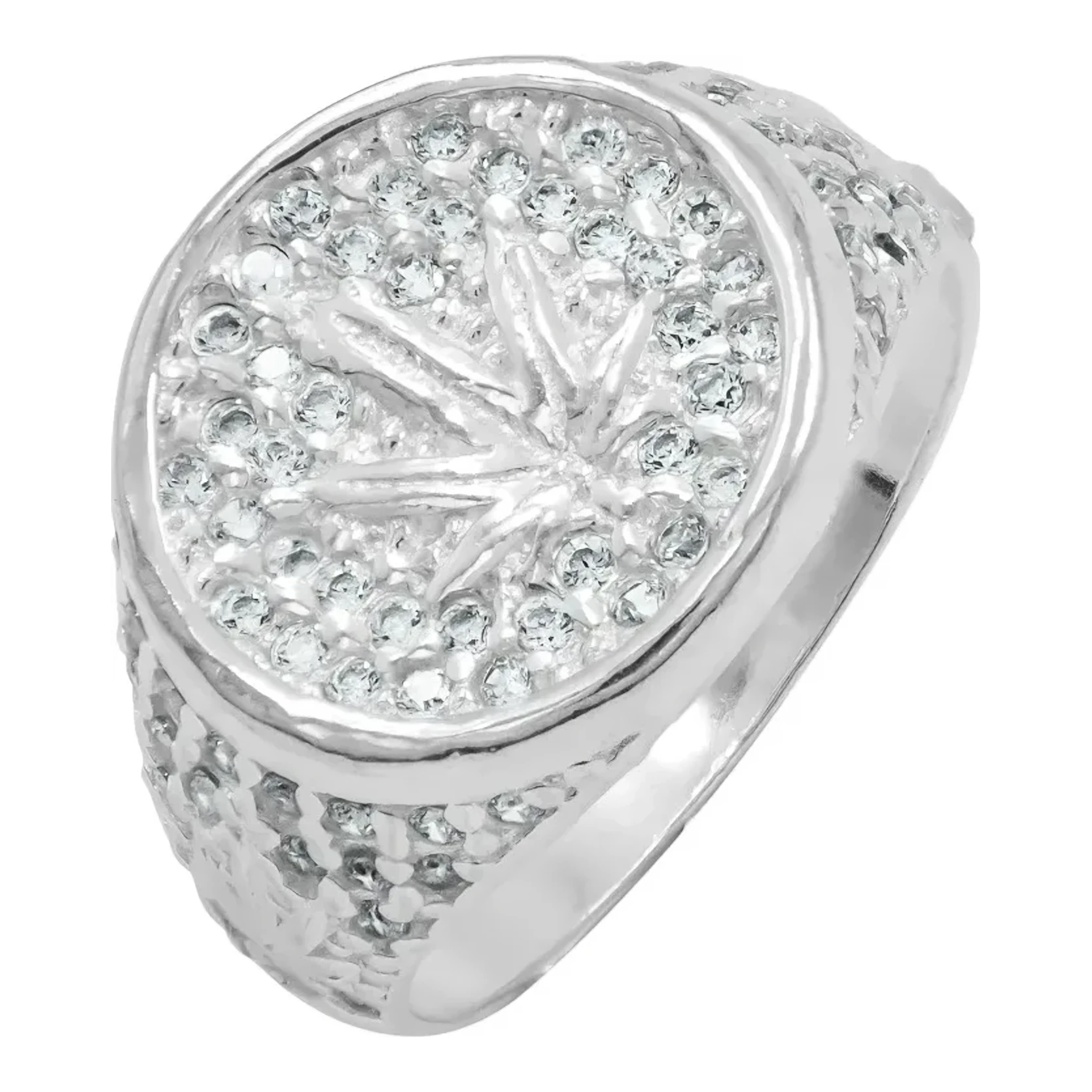 Anillo Plata 925 Hoja Cánnabis con Zirconias Verdes, anillo grande diseño único alternativo. Joyería artesanal mexicana, plat