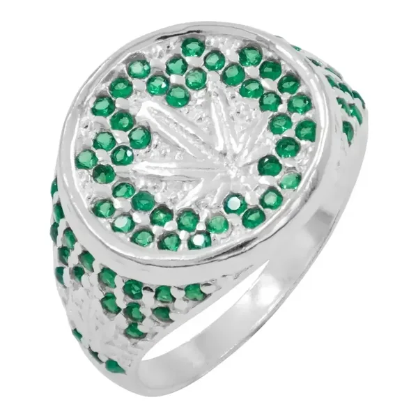 Anillo de plata .925 verde zirconia hoja cannabis unisex — Joyaris
