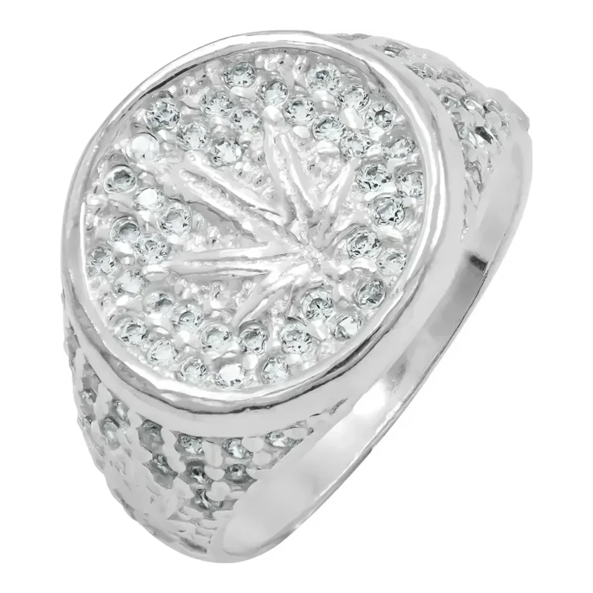 Anillo marihuana plata 925 hombre con hoja weed y zirconias verdes brillantes en acabado liso talla 8.5 para caballero.