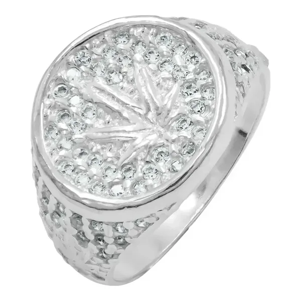 Anillo de plata .925 con zirconias verdes diseno hoja de cannabis para hombre talla 8.5 — Joyaris