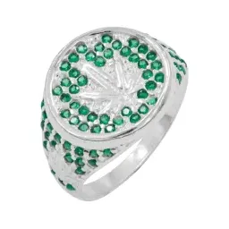 Anillo Plata .925 Hoja Cánnabis Zirconias Verdes - Imagen 1