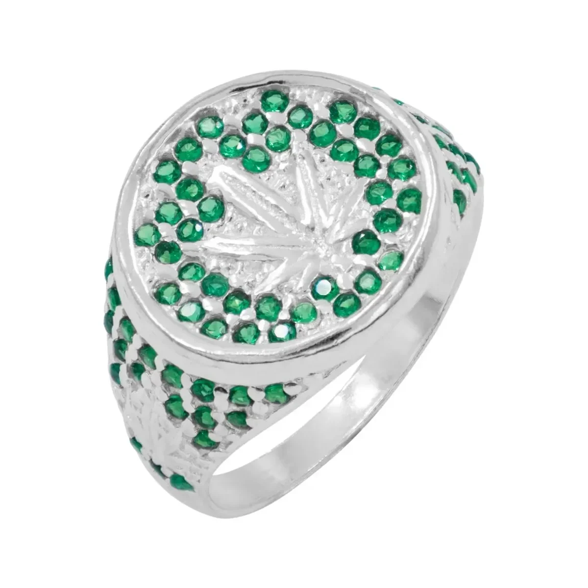 Anillo Plata 925 Hoja de Cannabis con Zirconias Verdes Esmeralda. Joyería artesanal mexicana, diseño audaz y brillante