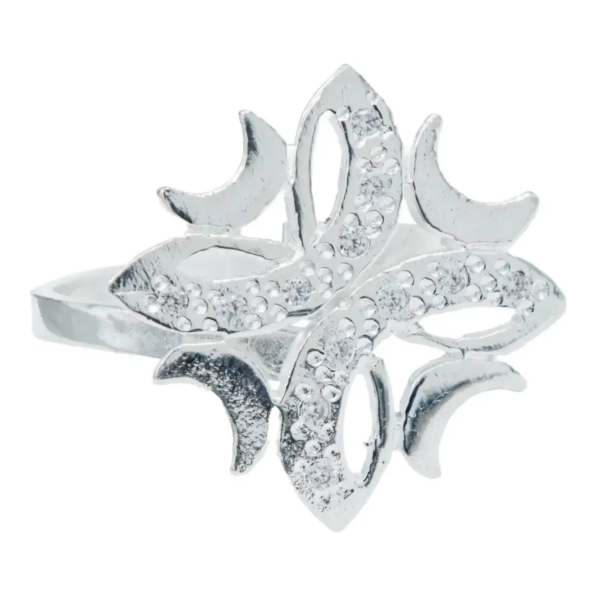 Anillo de plata dama en auténtica plata mexicana 925 con zirconias brillantes, figura de flor y lunas, en acabado liso.