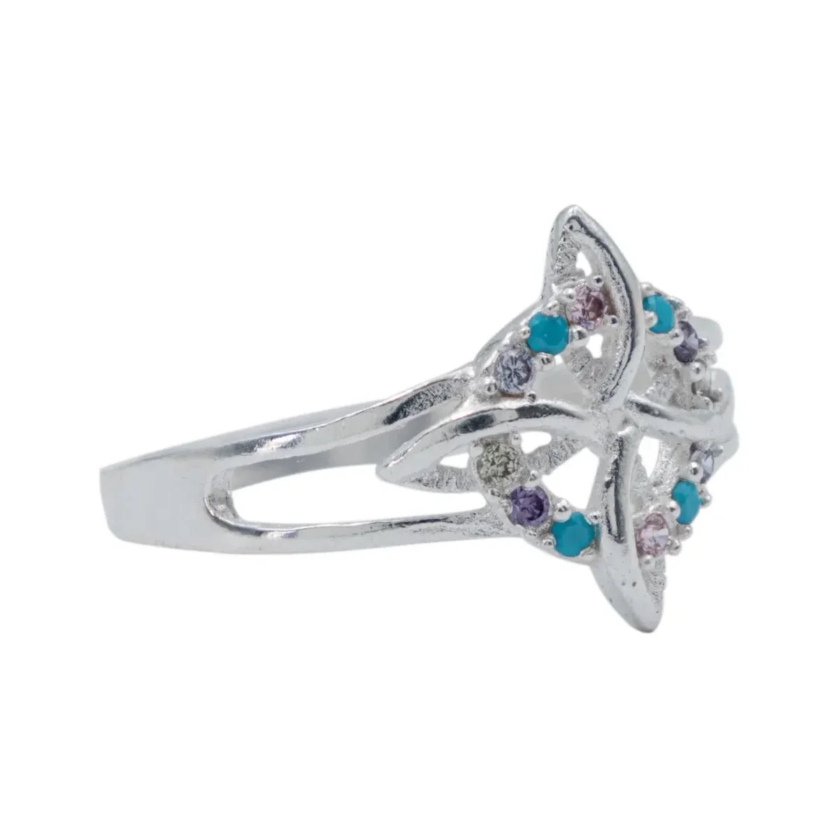 Anillo Plata .925 Nudo Bruja Celta con Zirconias Multicolor. Anillo de protección, joyería mexicana, anillos de plata con eng