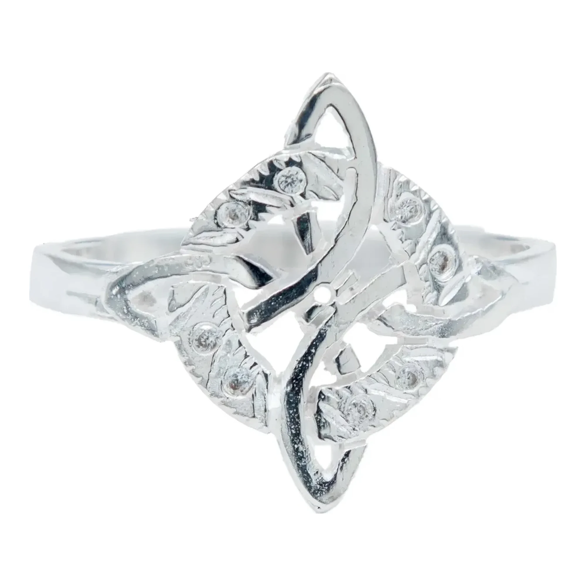 Anillo de Plata .925 nacional, diseño Nudo de Bruja Celta diamantado, con brillante Zirconia Blanca. Joyería con simbolismo.
