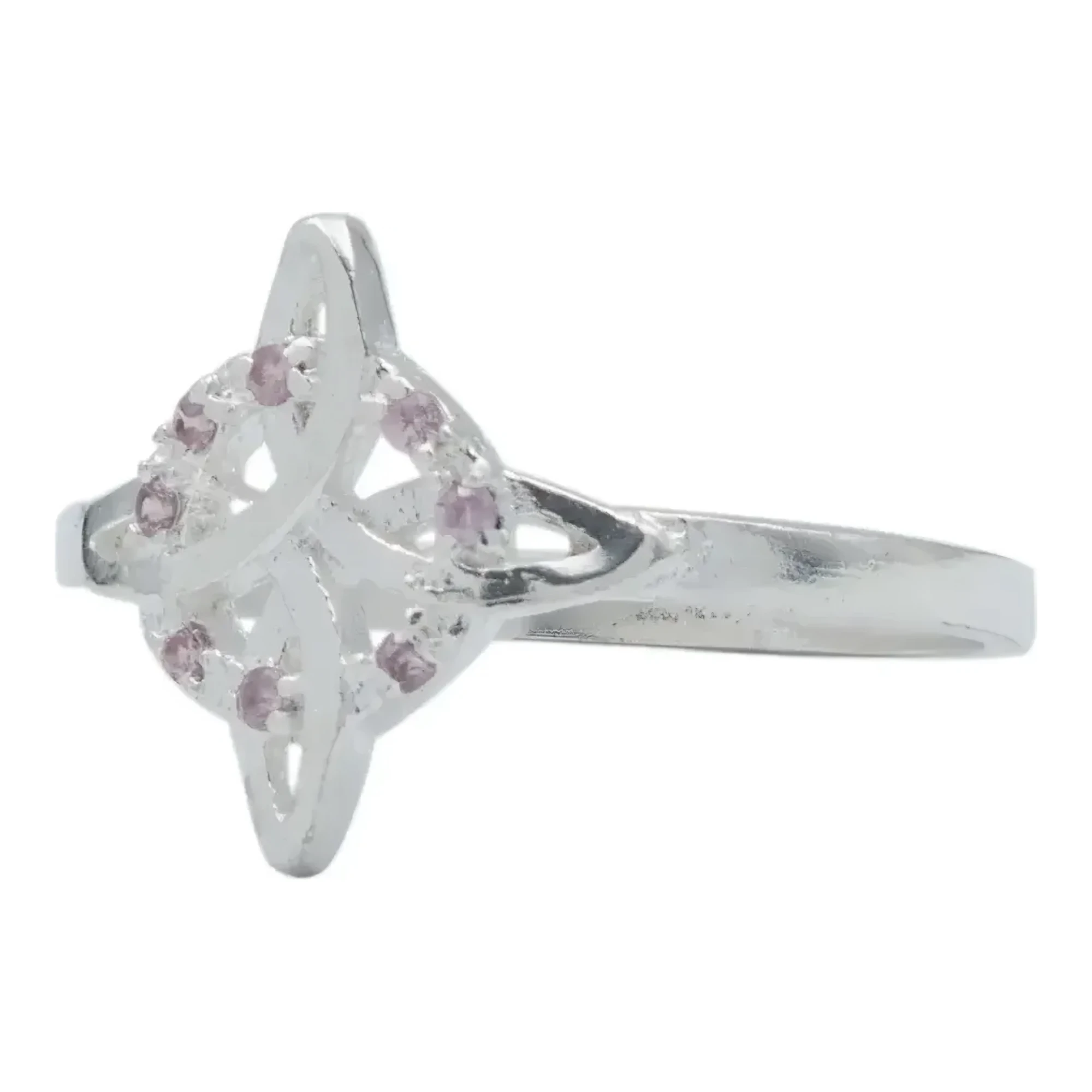 Anillo nudo de brujas mujer en plata .925 nacional con zirconia rosa corte brillante, joyeria mistica de proteccion celta