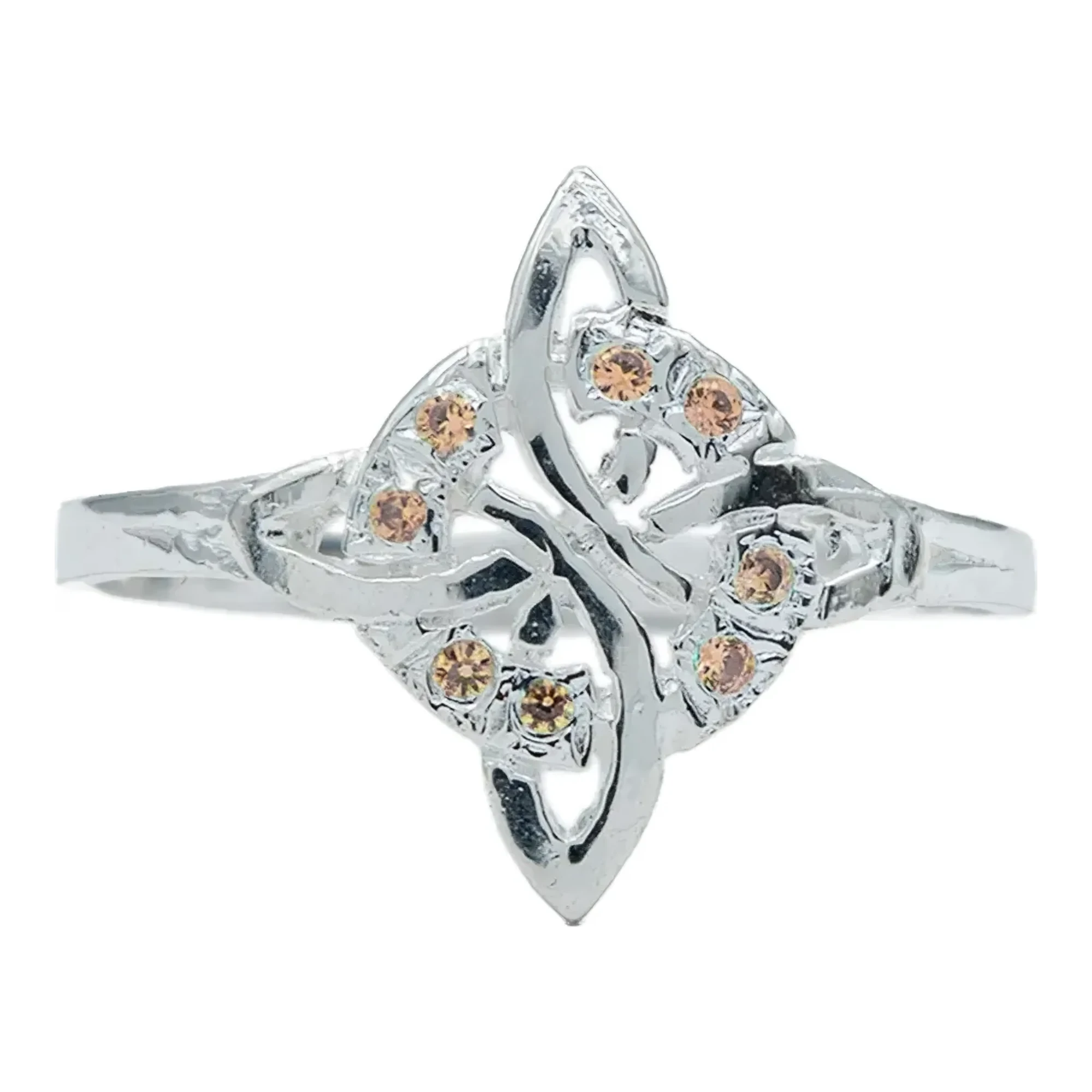 Anillo Plata Ley .925 Nudo Bruja diamantado con brillante zirconia naranja, amuleto protección. Joyería con propósito y estil