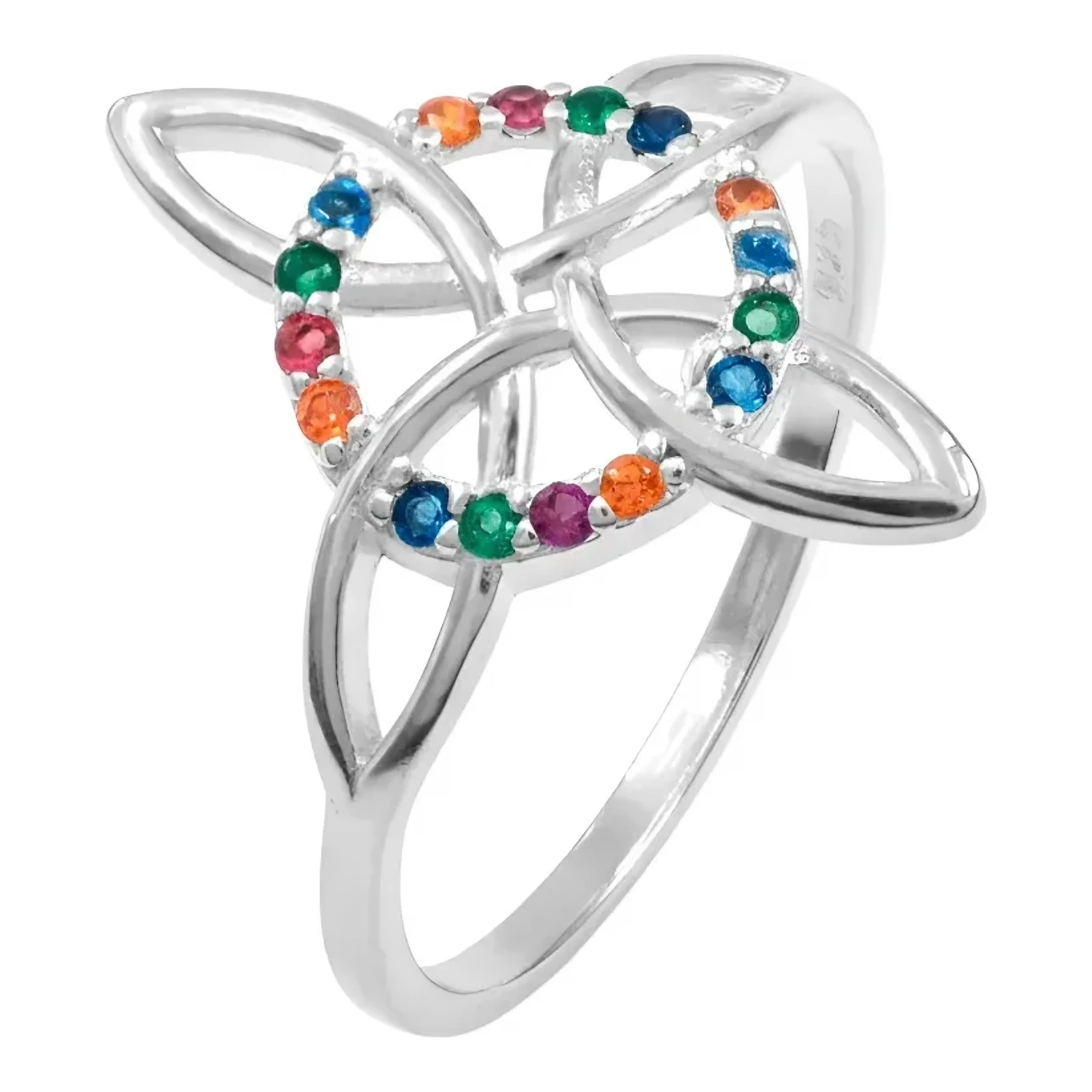 Anillo Plata .925 Nudo Bruja Celta mujer con Zirconia Multicolor brillante. Joyería mexicana artesanal, amuleto protección y