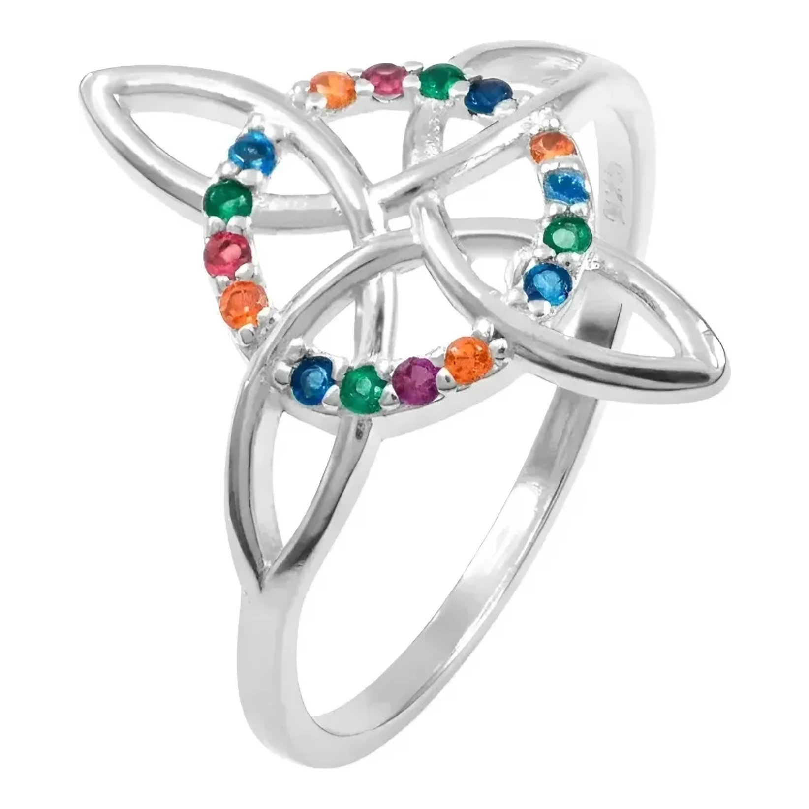 Anillo nudo de bruja para mujer en plata .925 con acabado liso, circones multicolor y símbolo celta talla 7 de protección