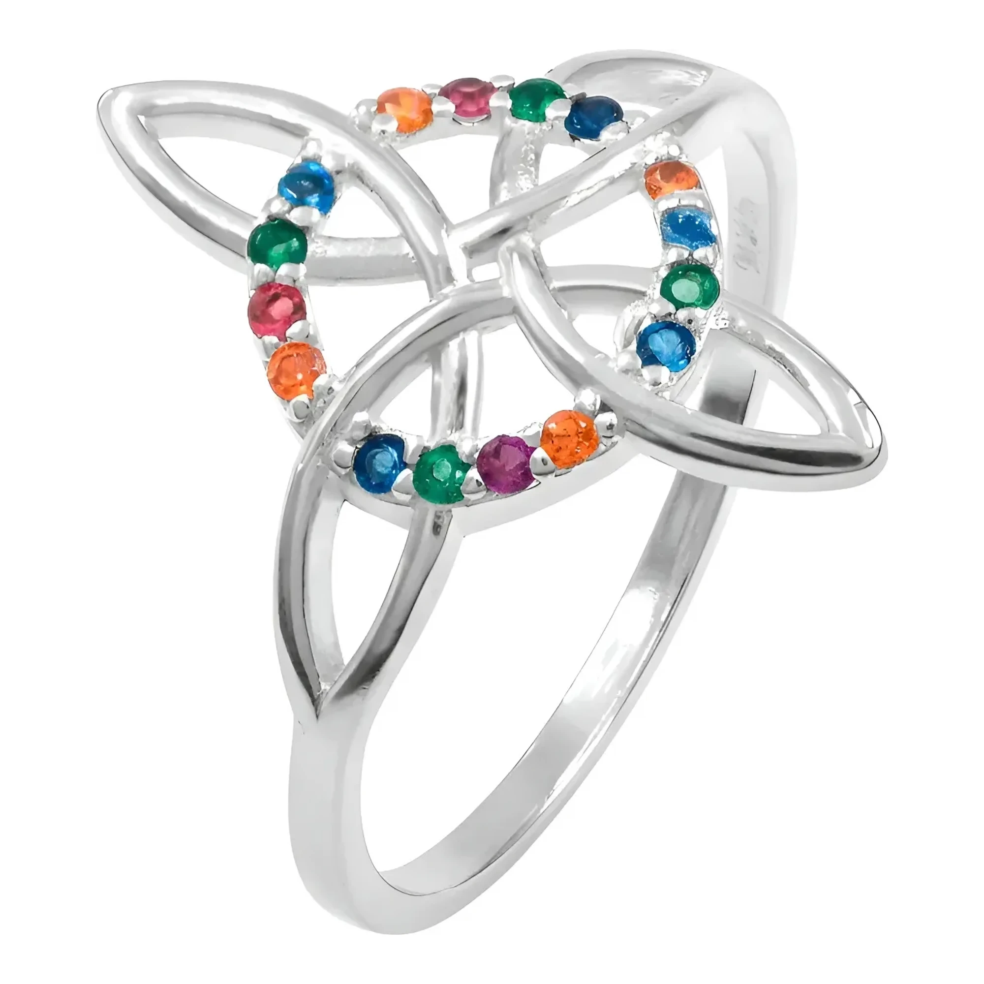 Anillo Plata 925 Nudo de Bruja Celta con Zirconia Multicolor, joya artesanal mexicana, diseño espiritual y esotérico