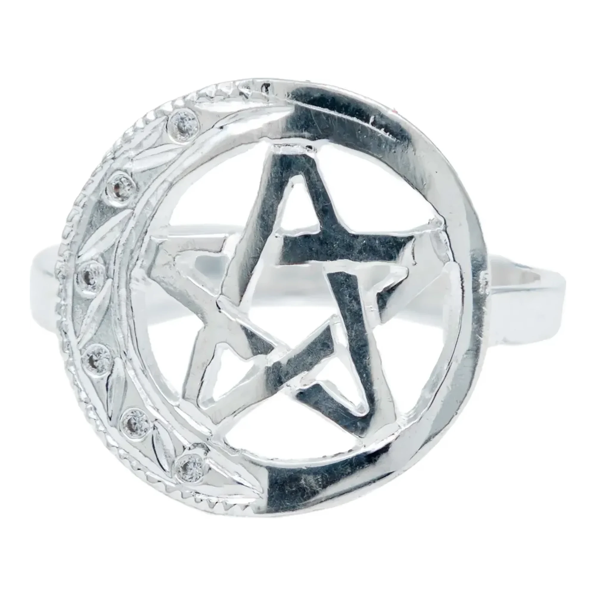 Anillo Plata 925 Pentagrama Luna Diamantado con Zirconia brillante. Joyería simbólica con significado espiritual, ideal como