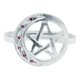 Anillo Plata 925 Pentagrama Luna Diamantado Zirconia Fucsia - Imagen 1