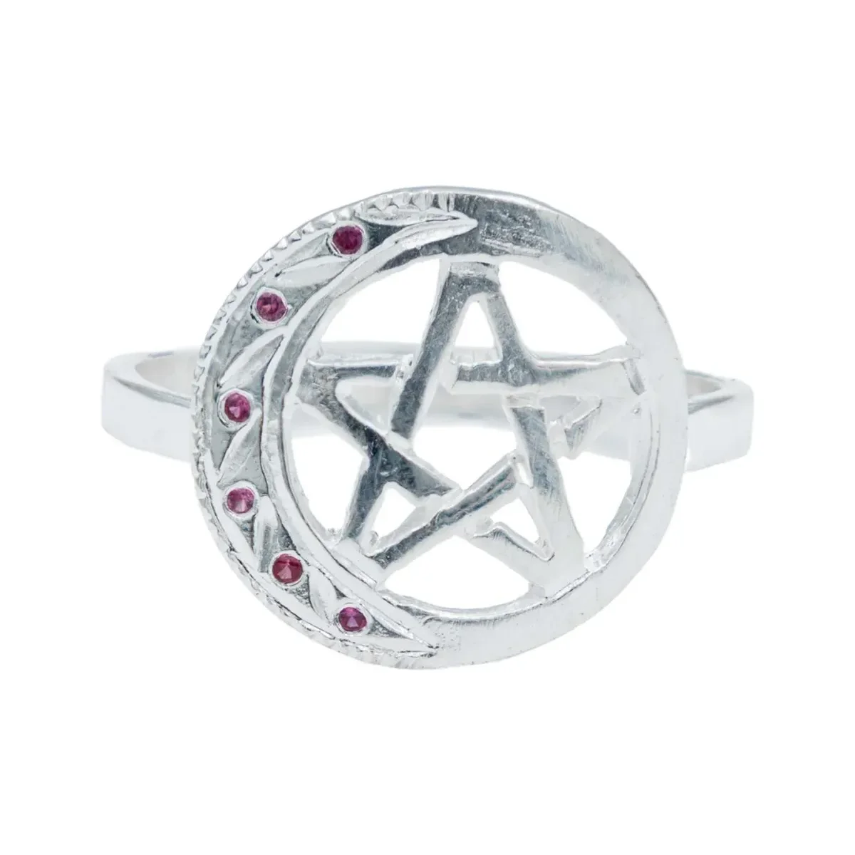 Anillo Plata 925 Pentagrama Luna Diamantado con Zirconia Fucsia. Joyería esotérica mexicana, anillo con significado, diseño m