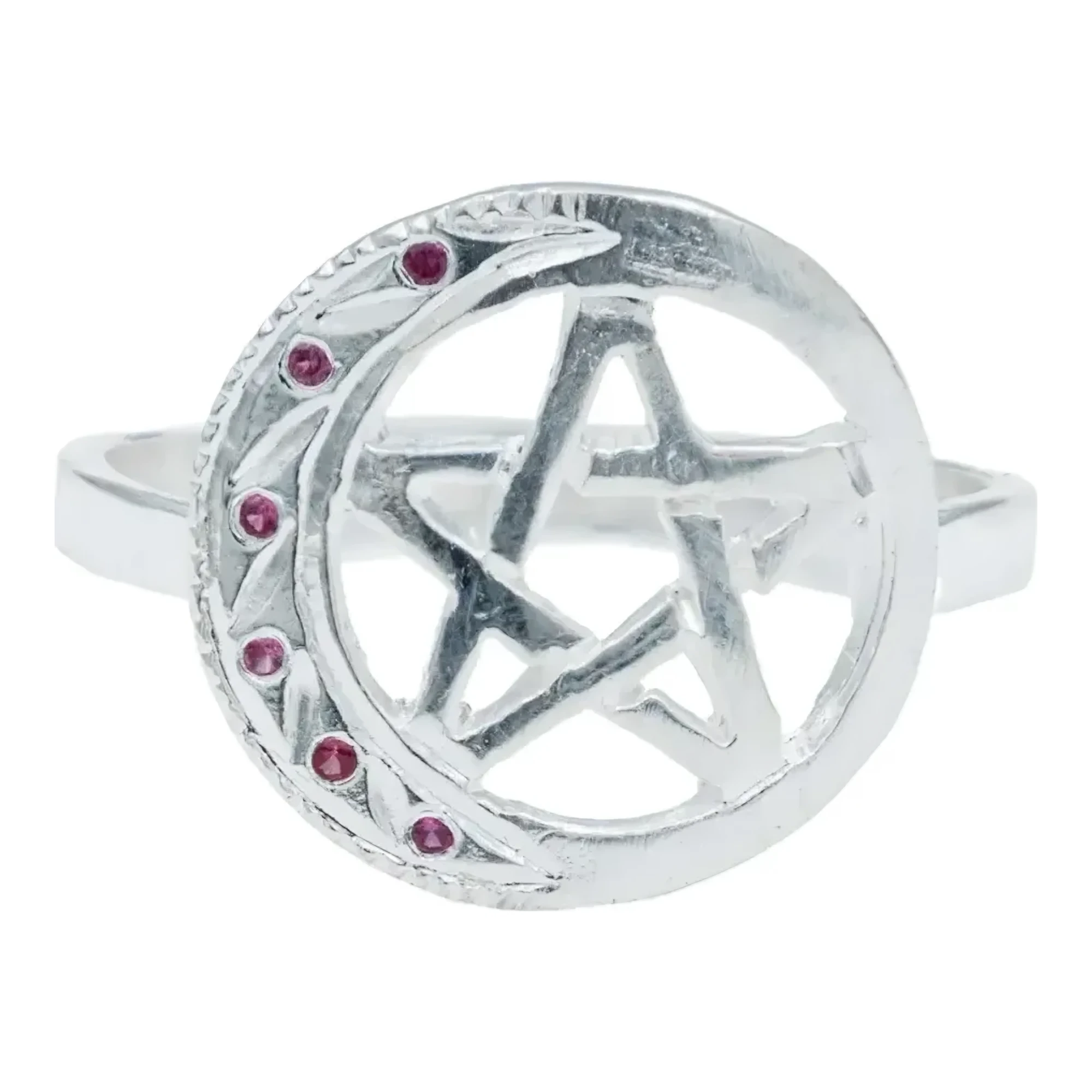 Anillo wicca plata 925 pentáculo luna diamantado con zirconia fucsia amuleto de protección joyería esotérica mexicana talla 9