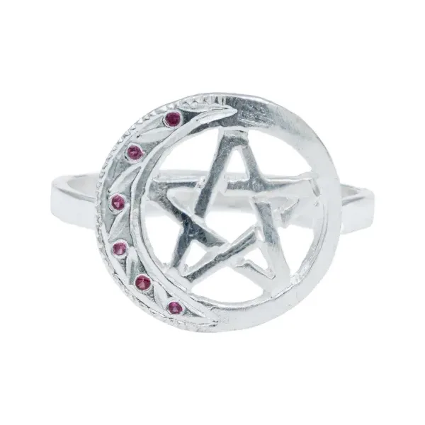 Anillo de plata .925 fucsia zirconia pentagrama luna — Joyaris