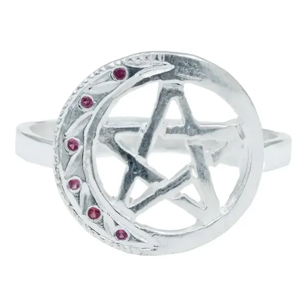 Anillo de plata .925 fucsia zirconia pentagrama luna — Joyaris