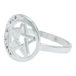 Anillo Plata 925 Pentagrama Luna Diamantado Zirconia Fucsia - Imagen 2