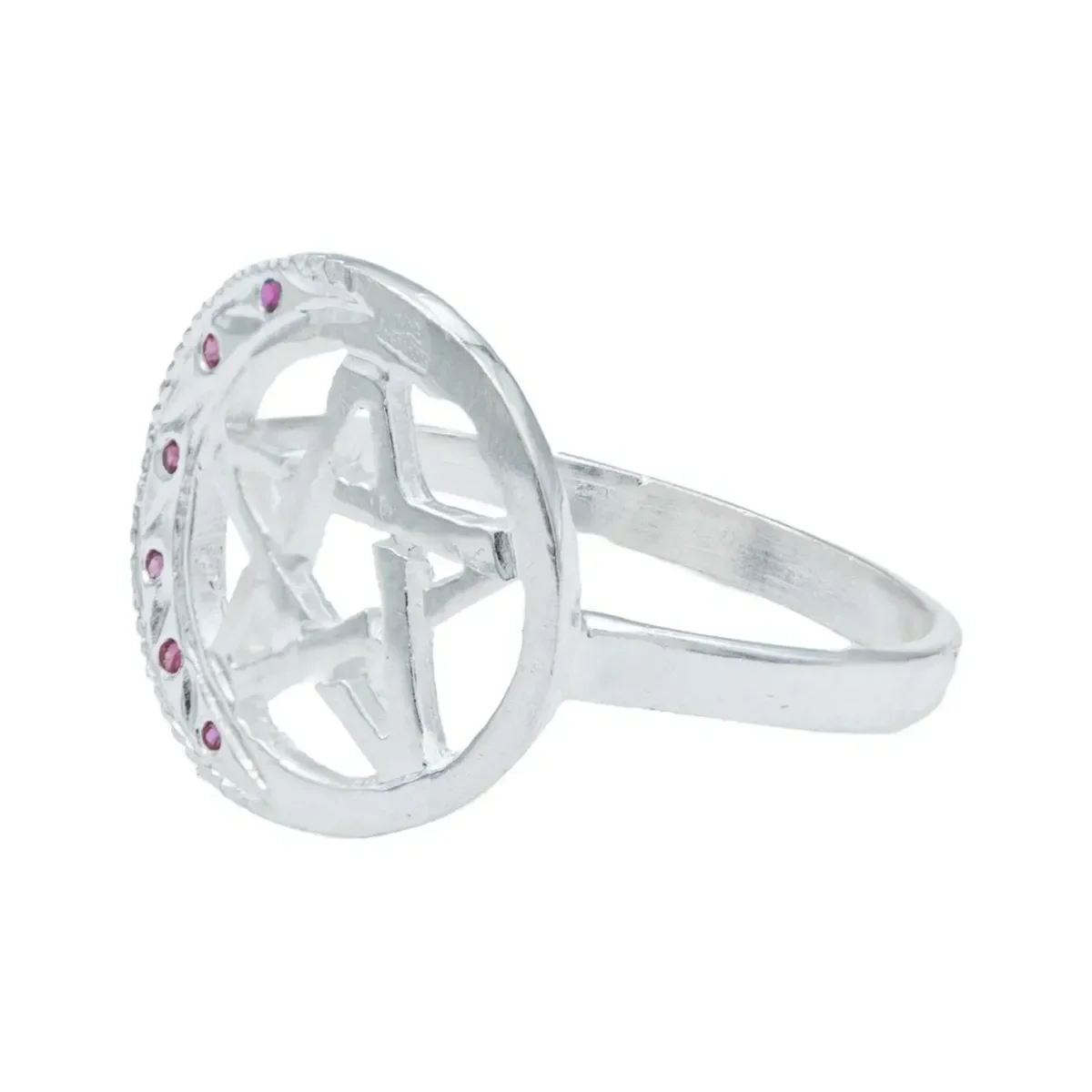 Anillo Plata 925 Pentagrama Luna Diamantado Zirconia Fucsia - Imagen 2
