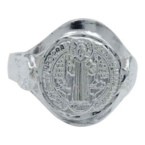 Anillo de plata .925 plateado San Benito troquelado diseno religioso — Joyaris