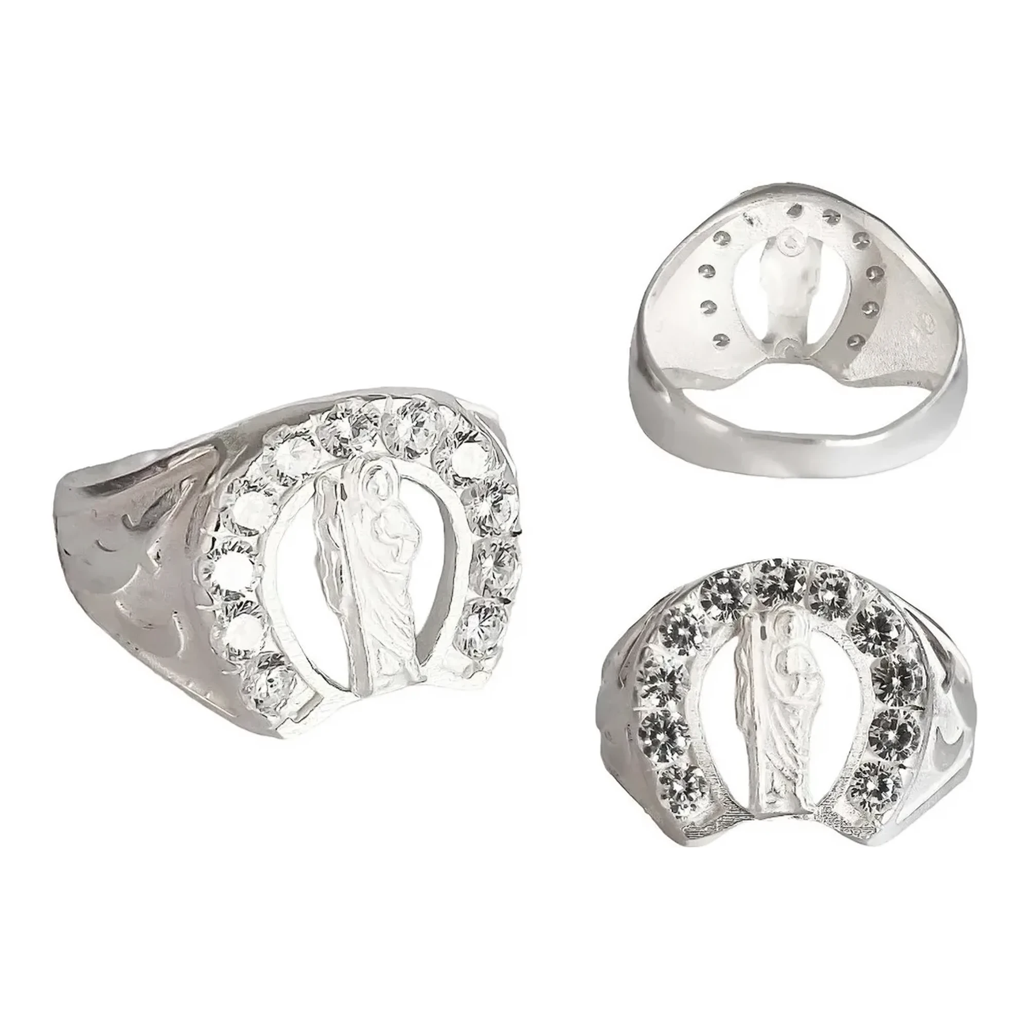 Anillo de plata .925 para hombre, San Judas Tadeo y herradura con zirconia. Joya de protección y fe, anillo espiritual mascul
