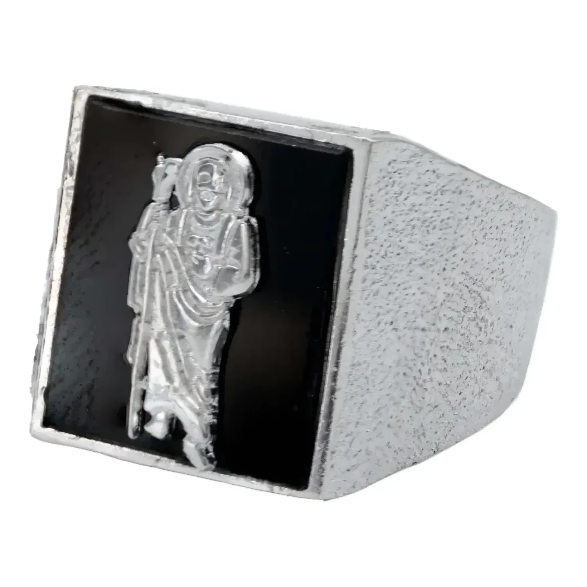 Anillo de sello San Judas Tadeo para hombre en plata .925 diamantada con piedra ónix negra rectangular y detalles religiosos